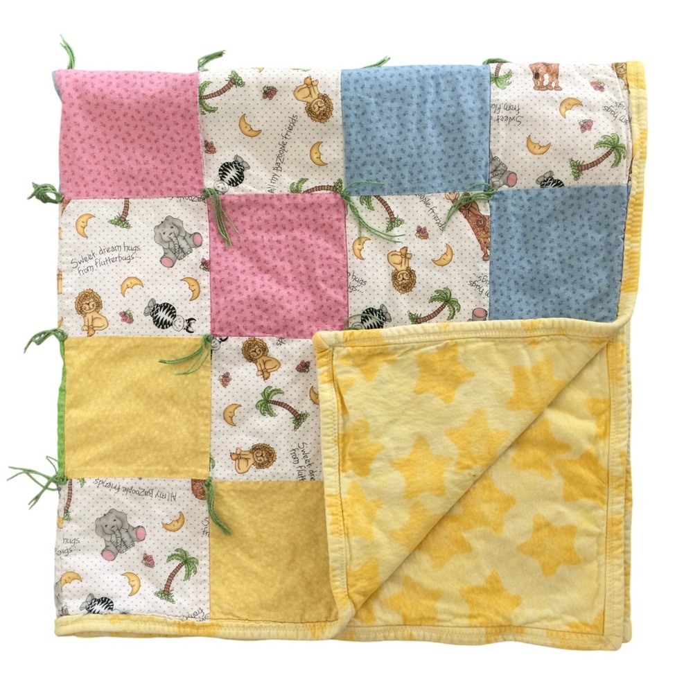 Bazoople Baby Quilt 34x35 Multicolor Safari Animal Patchwork Hand Tied‎ Blanket